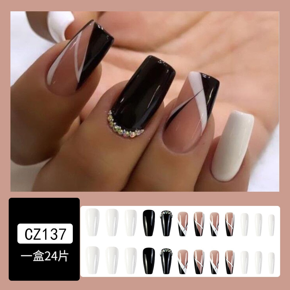 2024 Gradient Fake Nails Press on Nail Diamond Cross Art Long Tips False Forms with Glue Stick Stickers Reusable Set CZ137