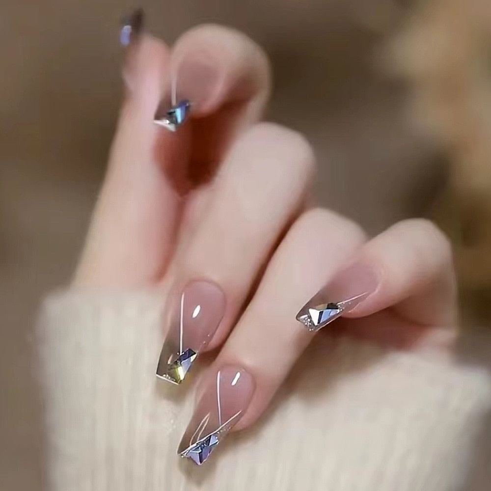 2024 Gradient Fake Nails Press on Nail Diamond Cross Art Long Tips False Forms with Glue Stick Stickers Reusable Set DZ080