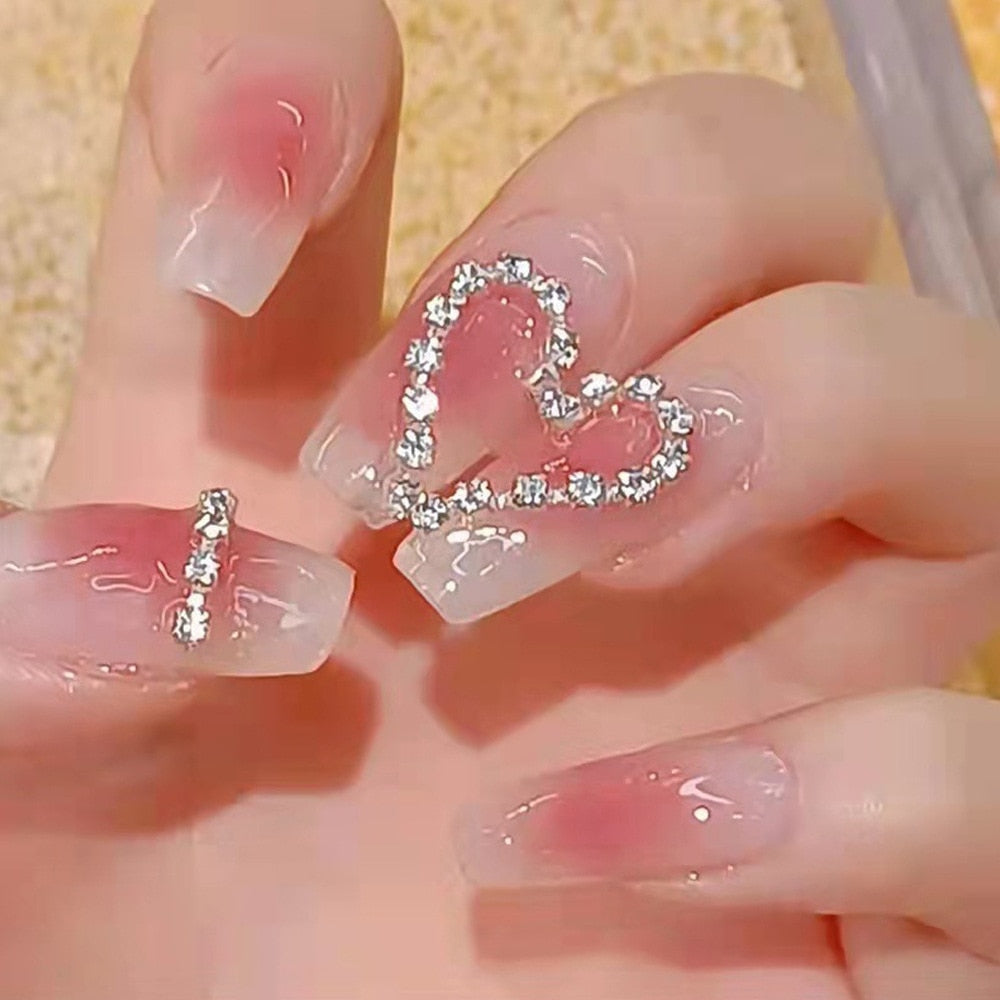 2024 Gradient Fake Nails Press on Nail Diamond Cross Art Long Tips False Forms with Glue Stick Stickers Reusable Set CZ019