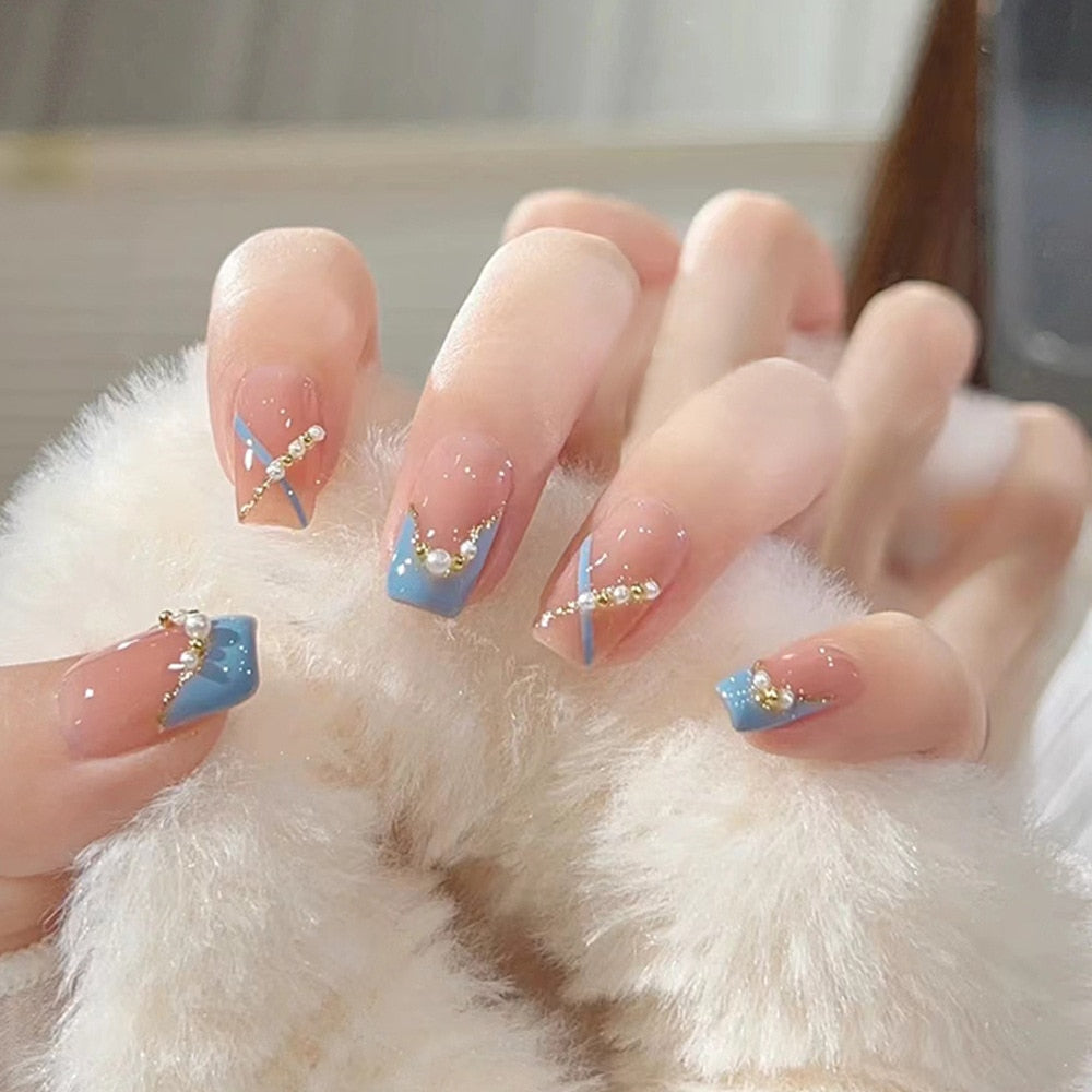 2024 Gradient Fake Nails Press on Nail Diamond Cross Art Long Tips False Forms with Glue Stick Stickers Reusable Set DZ242