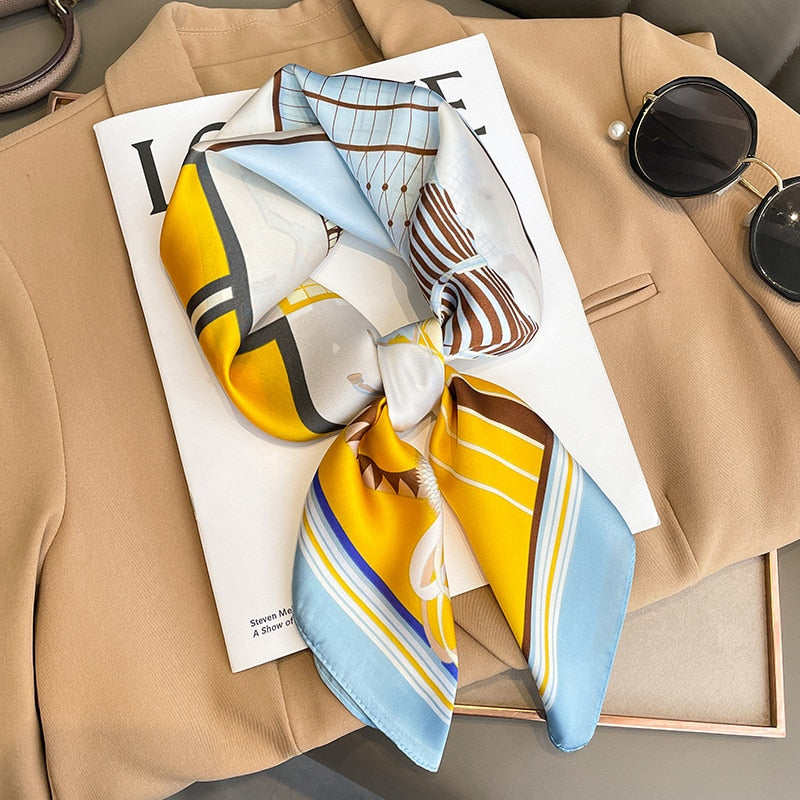 2024 Luxury Silk Shawl Square Scarf for Women Satin Hijab Fashion Wraps Neckerchief Female Hair Bands Ribbon Headband Bandana W-132-3 70x70