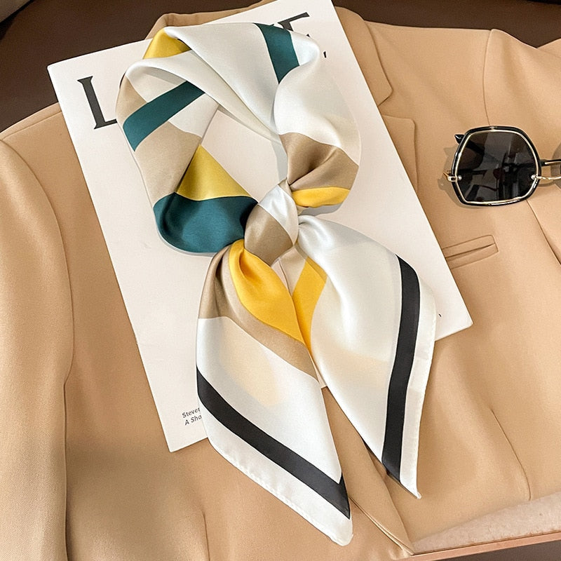 2024 Luxury Silk Shawl Square Scarf for Women Satin Hijab Fashion Wraps Neckerchief Female Hair Bands Ribbon Headband Bandana W-77-6 70x70