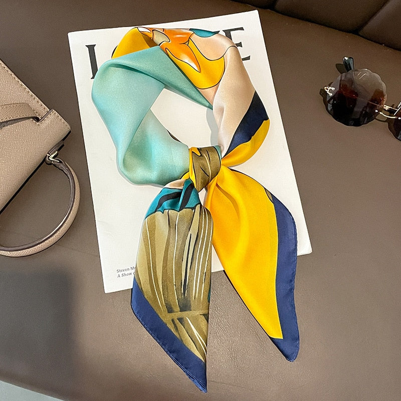 2024 Luxury Silk Shawl Square Scarf for Women Satin Hijab Fashion Wraps Neckerchief Female Hair Bands Ribbon Headband Bandana W-77-5 70x70