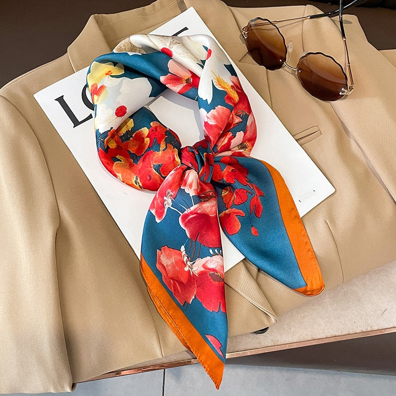 2024 Luxury Silk Shawl Square Scarf for Women Satin Hijab Fashion Wraps Neckerchief Female Hair Bands Ribbon Headband Bandana W-195-5 70x70