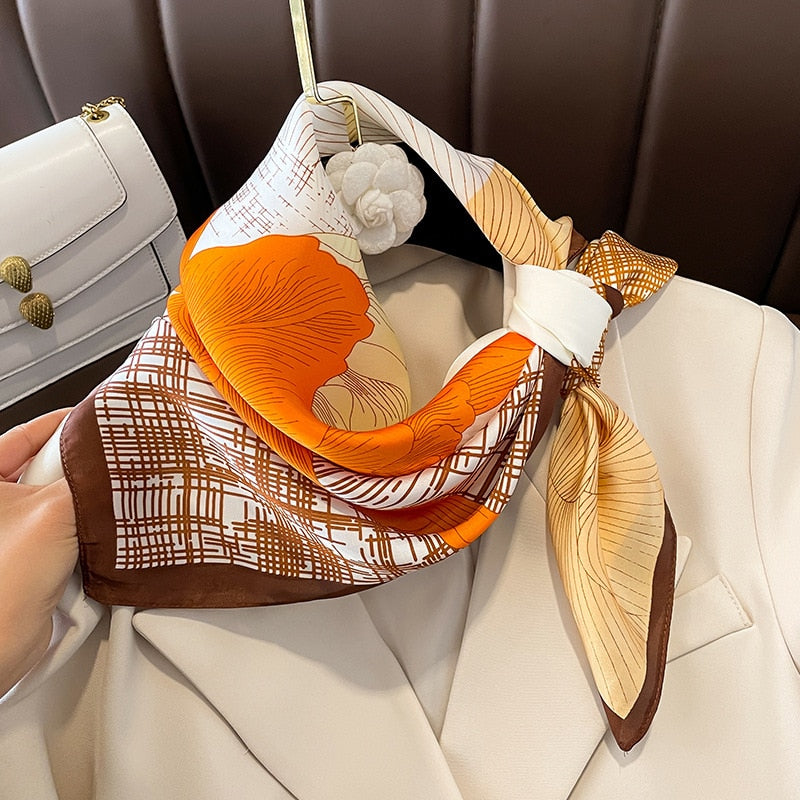 2024 Luxury Silk Shawl Square Scarf for Women Satin Hijab Fashion Wraps Neckerchief Female Hair Bands Ribbon Headband Bandana W-134-1 70x70