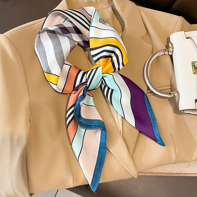 2024 Luxury Silk Shawl Square Scarf for Women Satin Hijab Fashion Wraps Neckerchief Female Hair Bands Ribbon Headband Bandana W-77-1 70x70