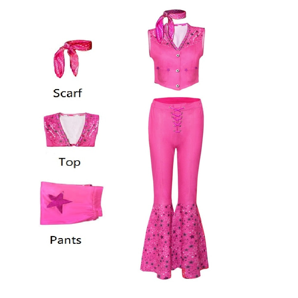 2024 Movie Margot Robbie's Barbie Costume Hot Starry Pink Top and Pants Barbie Set for Women Ladies Halloween Costume a