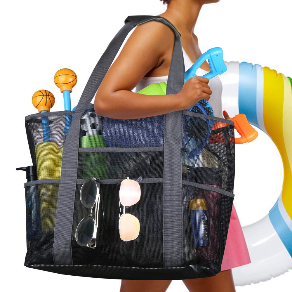 2024 NEW Extra Large Mesh Beach Bags and Totes Large Capacity Storage 30L/150lbs Durable Toy Tote Bag with Extra 8 Pockets& Ins black24x8.7x18in