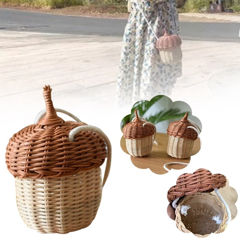 2024 New Acorn-shaped Storage Basket Hand-woven Round Rattan Bag Bucket Tropical Beach Style Woven Shoulder Bag Photo Props