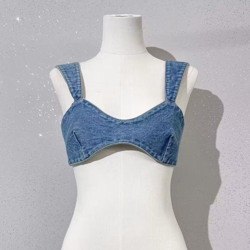 2024 New Arrive Woman Summer Jean Bra Tops Sexy Super Short Cowboy Suit Blouses Bandage Shirts