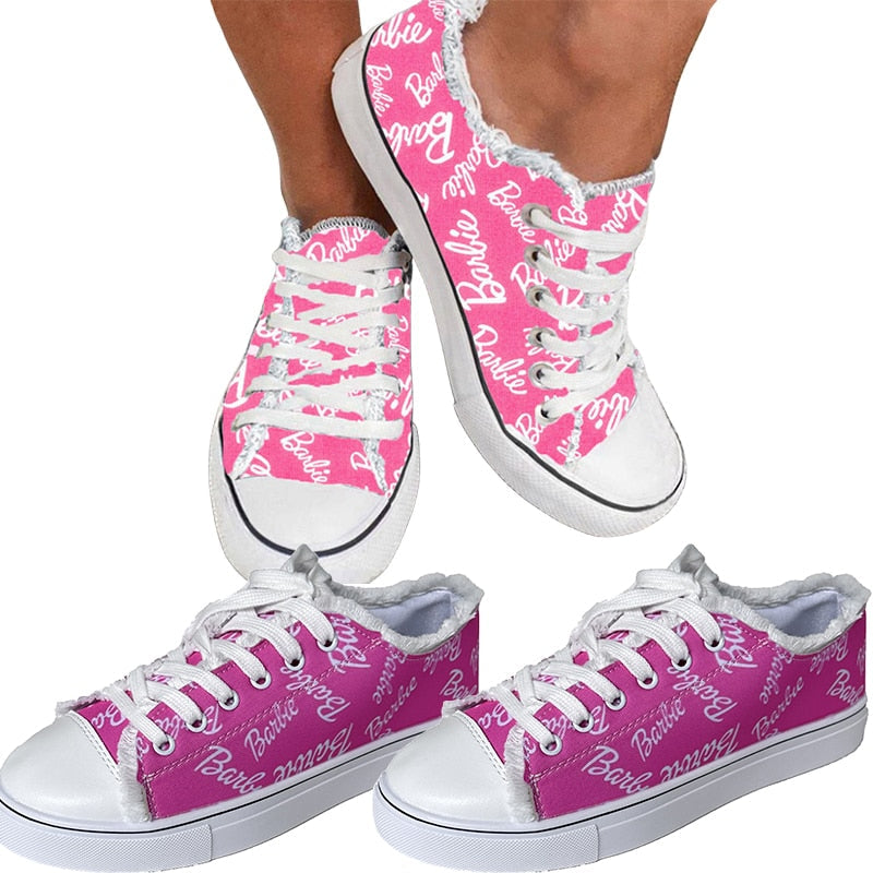 2024 New Barbie 3D Printing Letters Large Size Canvas Shoes Women Students Flat Casual Shoes Fashion Women Sports Board Shoes