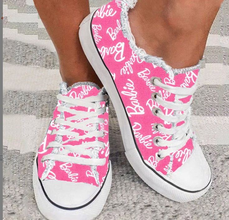 2024 New Barbie 3D Printing Letters Large Size Canvas Shoes Women Students Flat Casual Shoes Fashion Women Sports Board Shoes letter