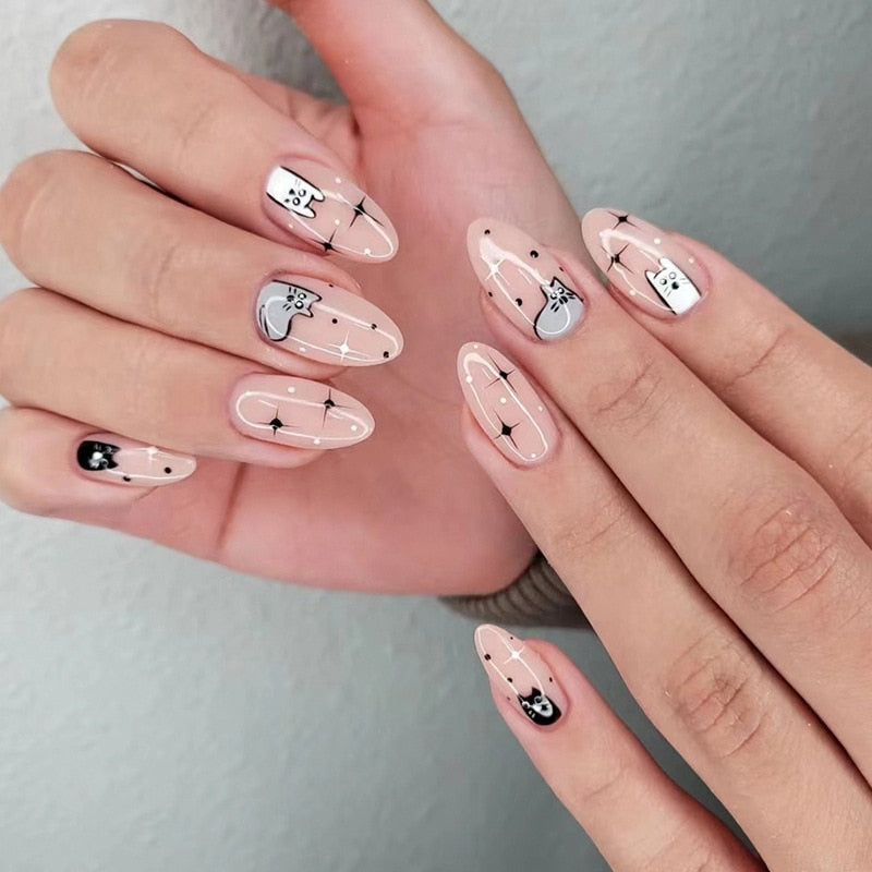 2024 New Cute Cat Printed Fake Nails Almond Head Full Cover Press on FIngernails Cartton Pink Acrylic Nail Art Tips for Girls
