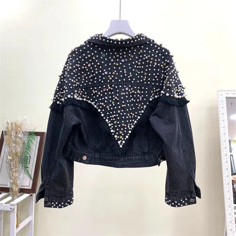 2024 New Fashion Bead Diamond Denim Jacket Women Coat Hand-studded Tassel Femme Loose Short Jeans Coats Student Streetwear P390