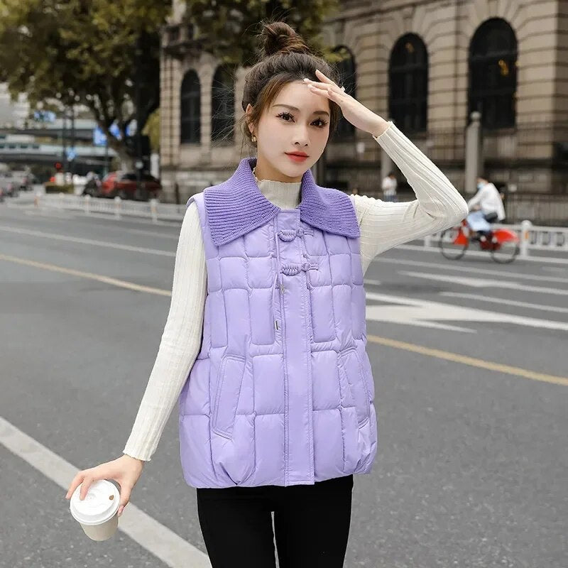 2024 New Fashion Winter Tank Top Collarless Short Sleeve Vest Coat Women Jacket Coats Female Waistcoat Outerwear Clothing Purple