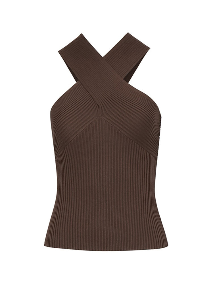 2024 New Fashion Women Summer Solid Vest Sleeveless Shirt Muje Knitted Tops Casual Blouses Y2K Crop Cami Top coffee