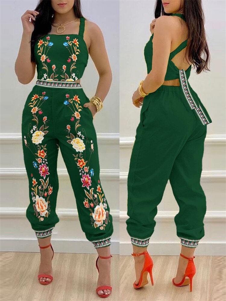 2024 New Floral Print Crisscross Tied Detail Backless Jumpsuit of One Fashion Casual Pieces for Women Free Ship