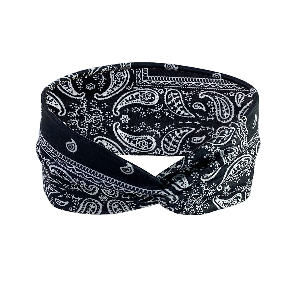2024 New Headband Woman Bohemian Wide Cotton Stretch Bandana Girls Festival Flower Print Hair Accessories Summer Accessories Black