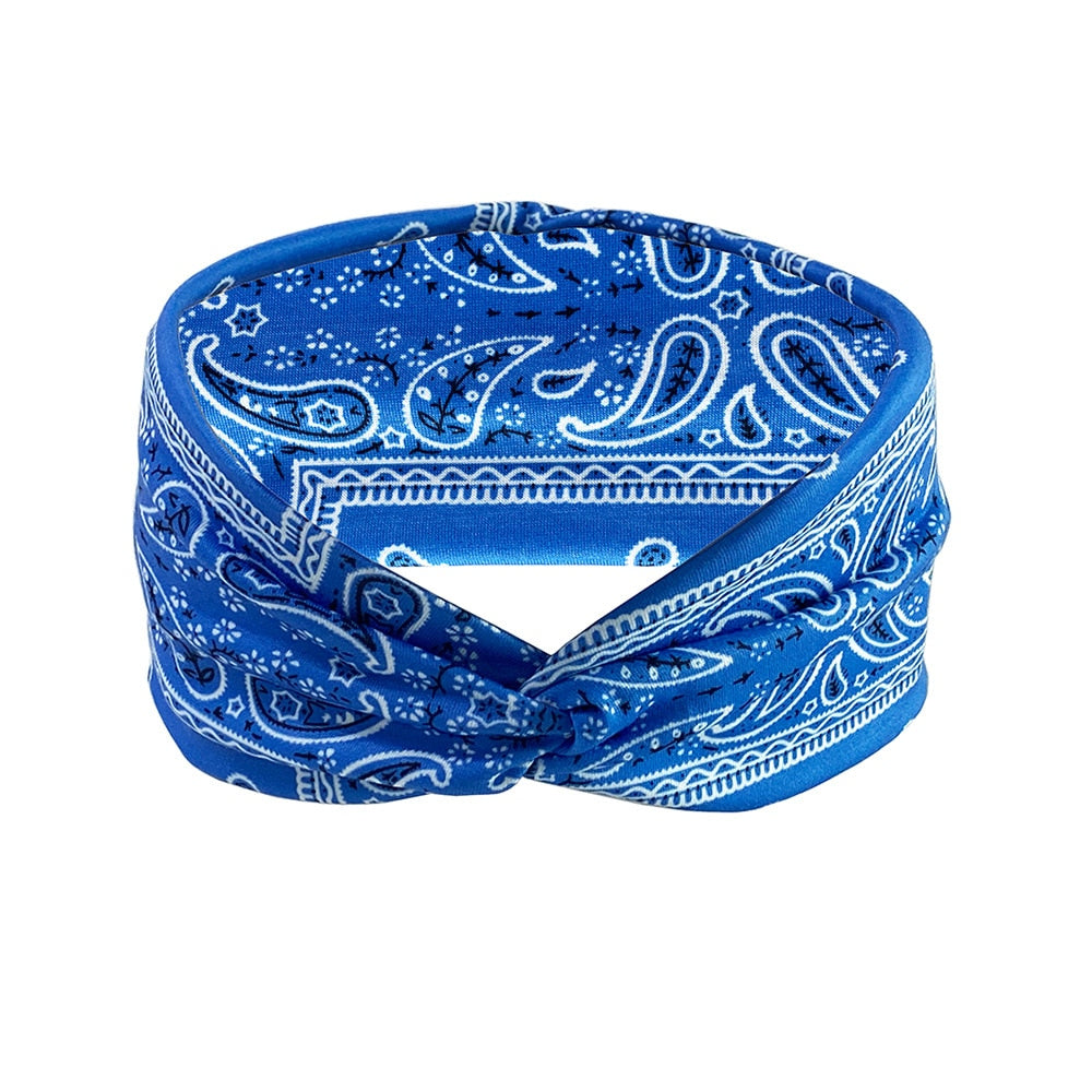 2024 New Headband Woman Bohemian Wide Cotton Stretch Bandana Girls Festival Flower Print Hair Accessories Summer Accessories Sky blue