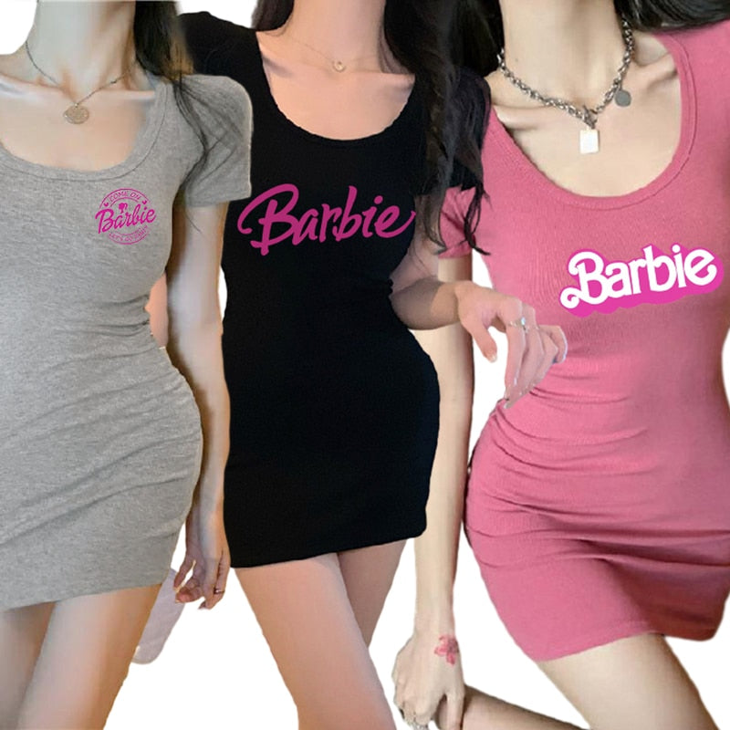 2024 New Kawaii Barbie Ladies Slim Dress Fashion Sexy Girls Sport Short Sleeve Skirt Anime Summer Pink Waist Slimming Cloth Gift