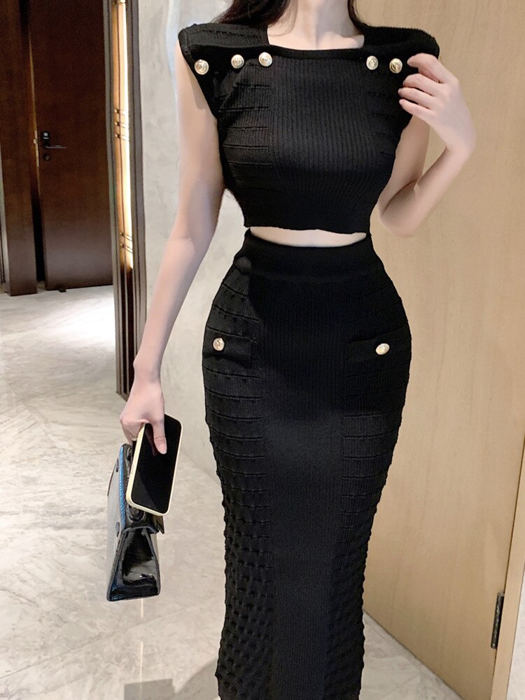 2024 New Knitted Two Piece Set For Women Sexy Crop Top + Bodycon Long Skirt Suits Beach Holiday Summer 2 Piece Sets Women Outfit