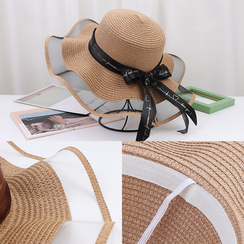 2024 New Korean Style Woman Straw Hat Bow Ribbon Large Brim Sunshade Ins Outing Fashion Beach Holiday ladies sun Hat