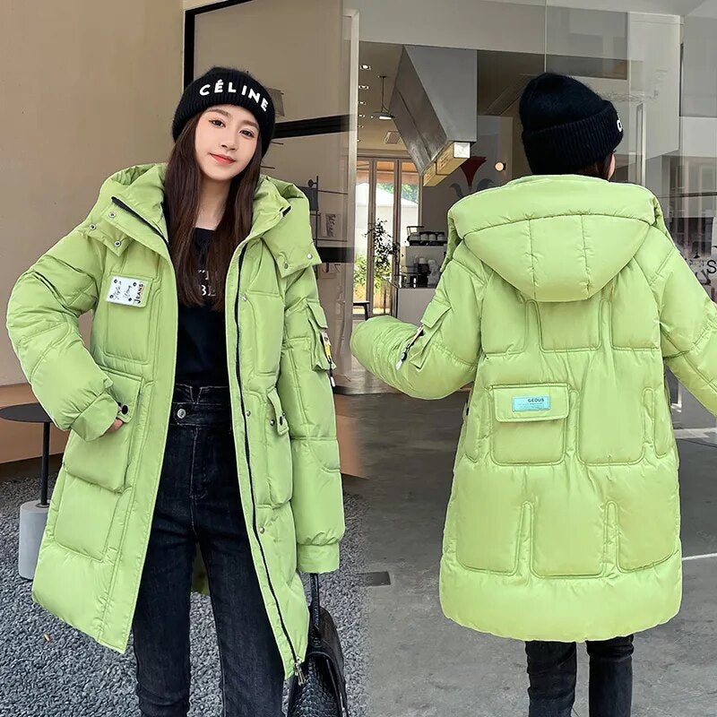2024 New Loose Cotton Padded Coats Women Winter Hooded Parkas Thick Warm Wadded Jackets Lady Klein Blue White Green Outerwear Light Green