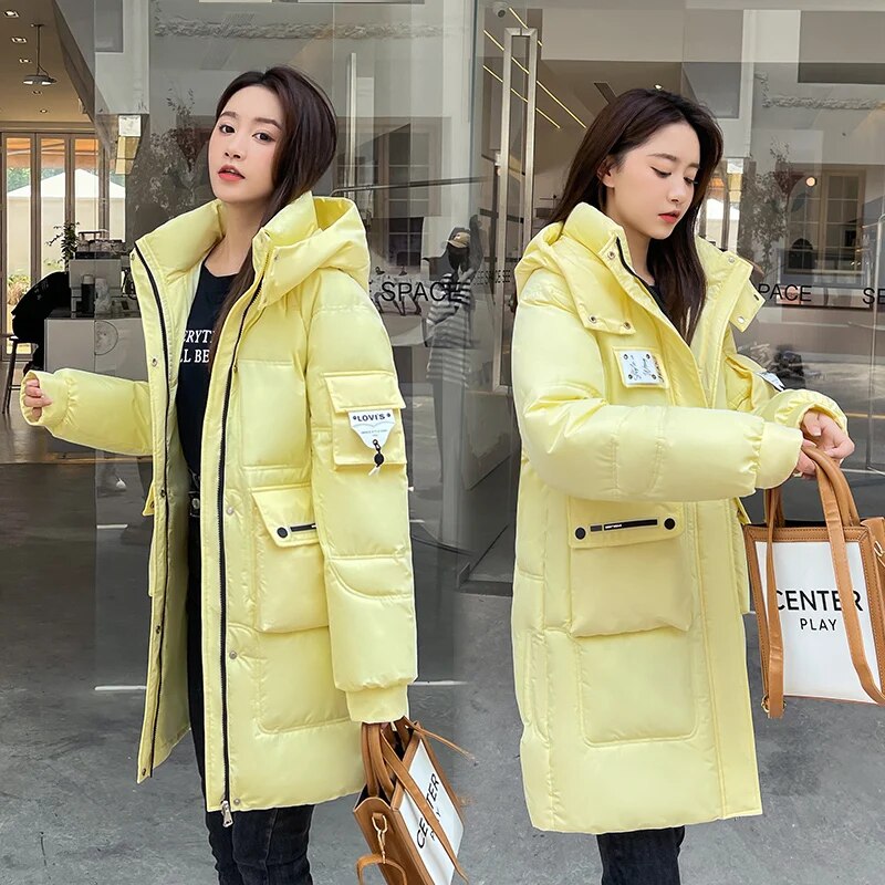 2024 New Loose Cotton Padded Coats Women Winter Hooded Parkas Thick Warm Wadded Jackets Lady Klein Blue White Green Outerwear Yellow