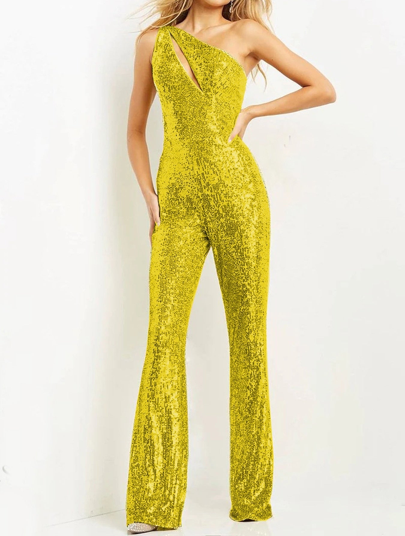 2024 New Luxury Jumpsuit Women Golden One Shoulder Sleeveless Flare Pant Overalls Elegant Prom Party Evening Long Jumpsuits