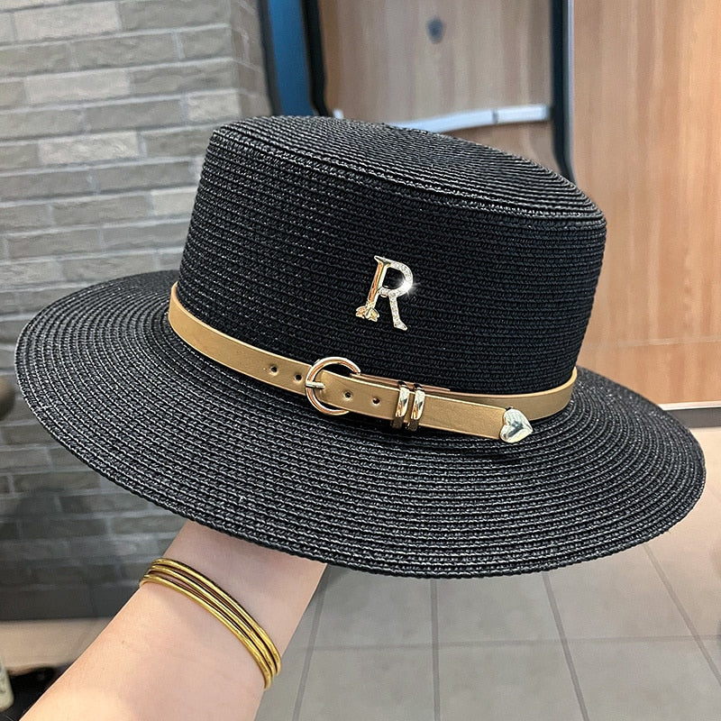 2024 New Metal R Letter Buckle Straw Hat Leisure Summer Sunscreen Hat Women's Fashionable Beach Hat Vintage Hat Church Hats Black One Size
