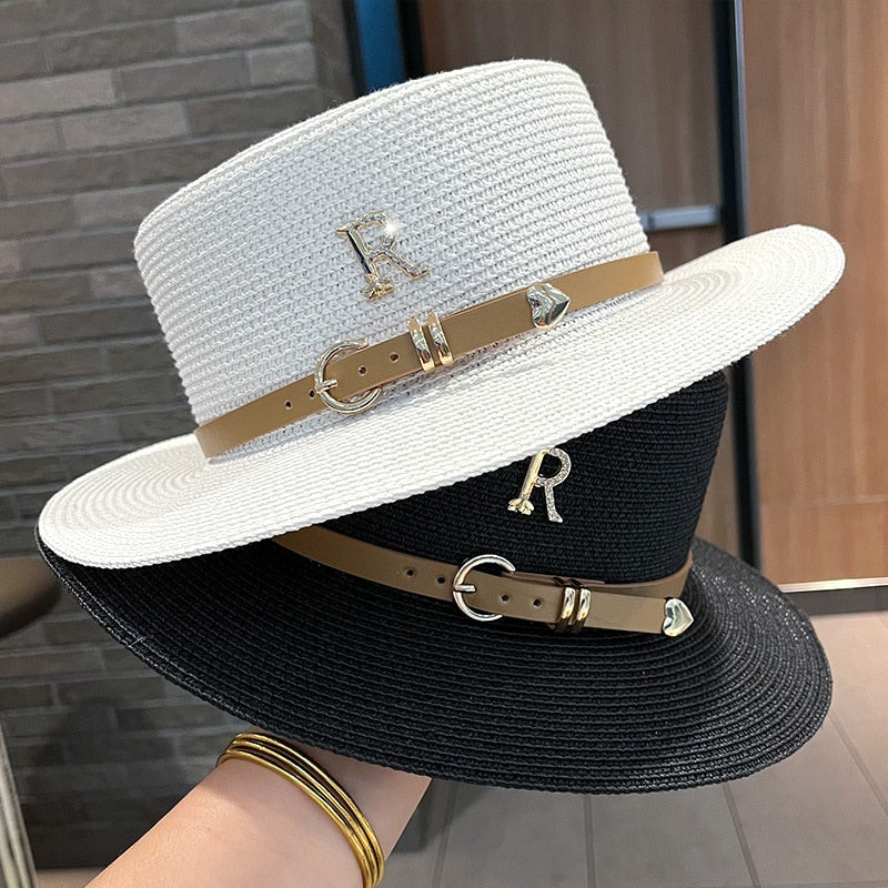 2024 New Metal R Letter Buckle Straw Hat Leisure Summer Sunscreen Hat Women's Fashionable Beach Hat Vintage Hat Church Hats