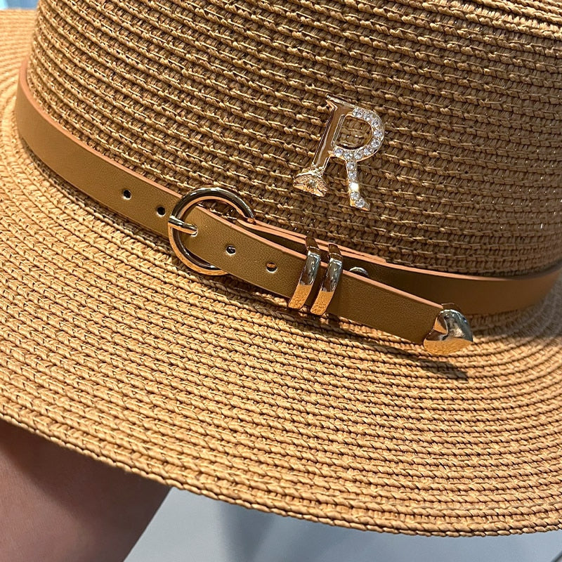 2024 New Metal R Letter Buckle Straw Hat Leisure Summer Sunscreen Hat Women's Fashionable Beach Hat Vintage Hat Church Hats
