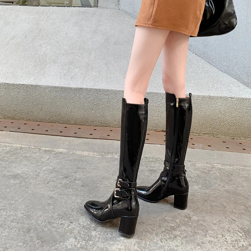 2024 New Popular Knee High Boots Zipper Genuine Leather Winter Boots Woman Ladies Thick High Heels Shoes