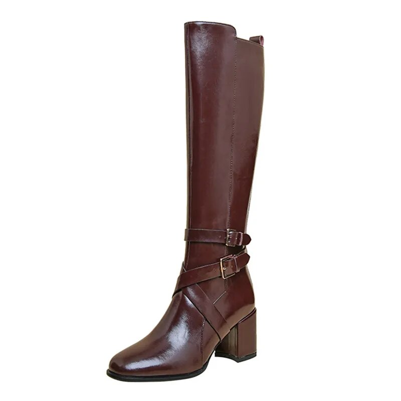 2024 New Popular Knee High Boots Zipper Genuine Leather Winter Boots Woman Ladies Thick High Heels Shoes