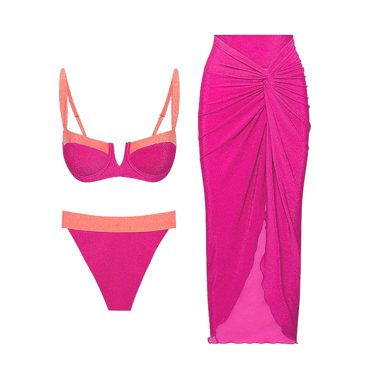 2024 New Retro Sling Color Block Bikini Swimsuit and Sarong Summer Swimwear Women Beachwear Bathing Suit