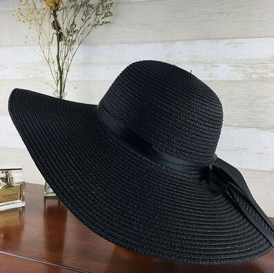 2024 New Simple Foldable Wide Brim Floppy Girls Straw Hat Sun Hat Beach Women Summer Hat UV Protect Travel Cap Lady Cap Female Black 55-58cm