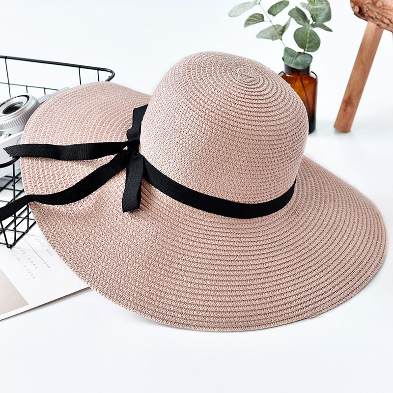 2024 New Simple Foldable Wide Brim Floppy Girls Straw Hat Sun Hat Beach Women Summer Hat UV Protect Travel Cap Lady Cap Female pink 55-58cm