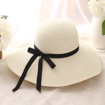 2024 New Simple Foldable Wide Brim Floppy Girls Straw Hat Sun Hat Beach Women Summer Hat UV Protect Travel Cap Lady Cap Female beige 55-58cm
