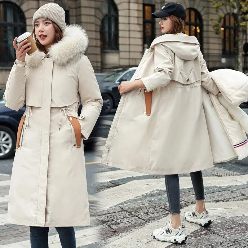 2024 New Snow Wear Long Parkas Winter Jacket Women Parka Fur Hooded Jacket Female Fur Lining Thick Coats Distachable Parkas Creamy-white