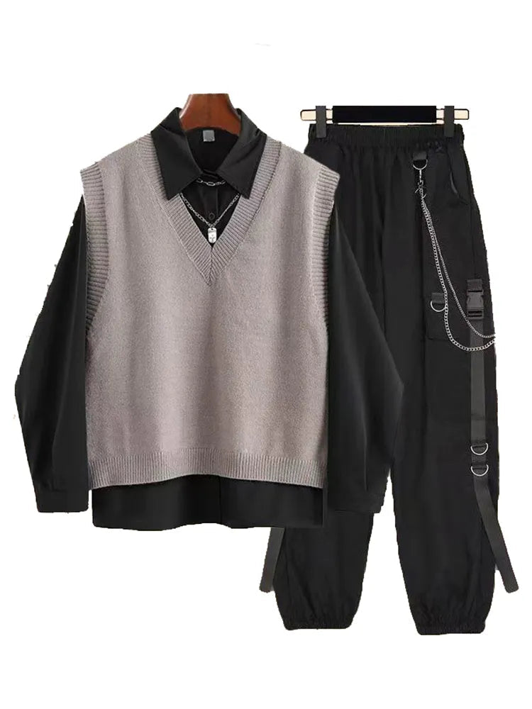 Spring Autumn 3 Piece Set Women Streetwear Knitted Vest+Long Sleeve Shirt+Harajuku BF Loose Cargo Pants Women