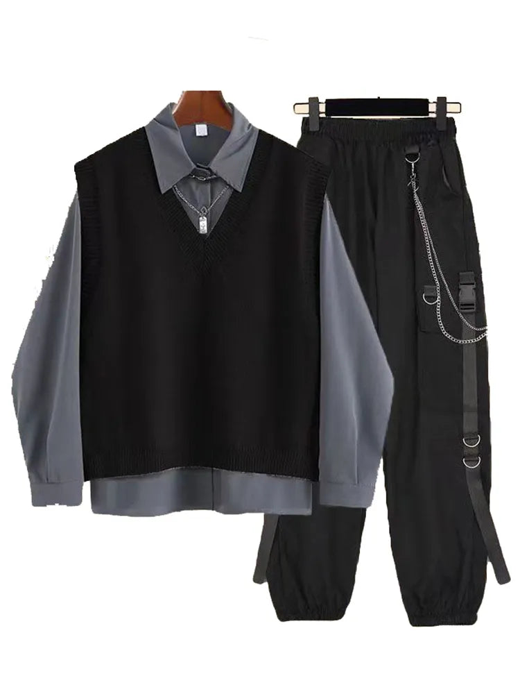Spring Autumn 3 Piece Set Women Streetwear Knitted Vest+Long Sleeve Shirt+Harajuku BF Loose Cargo Pants Women