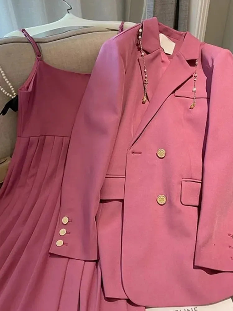 2024 New Spring Autumn Blazers Suspenders Women's Two-piece Set Loose Casual Suit Outerwear Sling Skirt Women Two-piece Suit