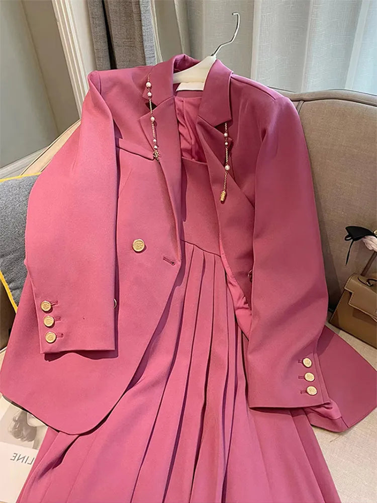 2024 New Spring Autumn Blazers Suspenders Women's Two-piece Set Loose Casual Suit Outerwear Sling Skirt Women Two-piece Suit