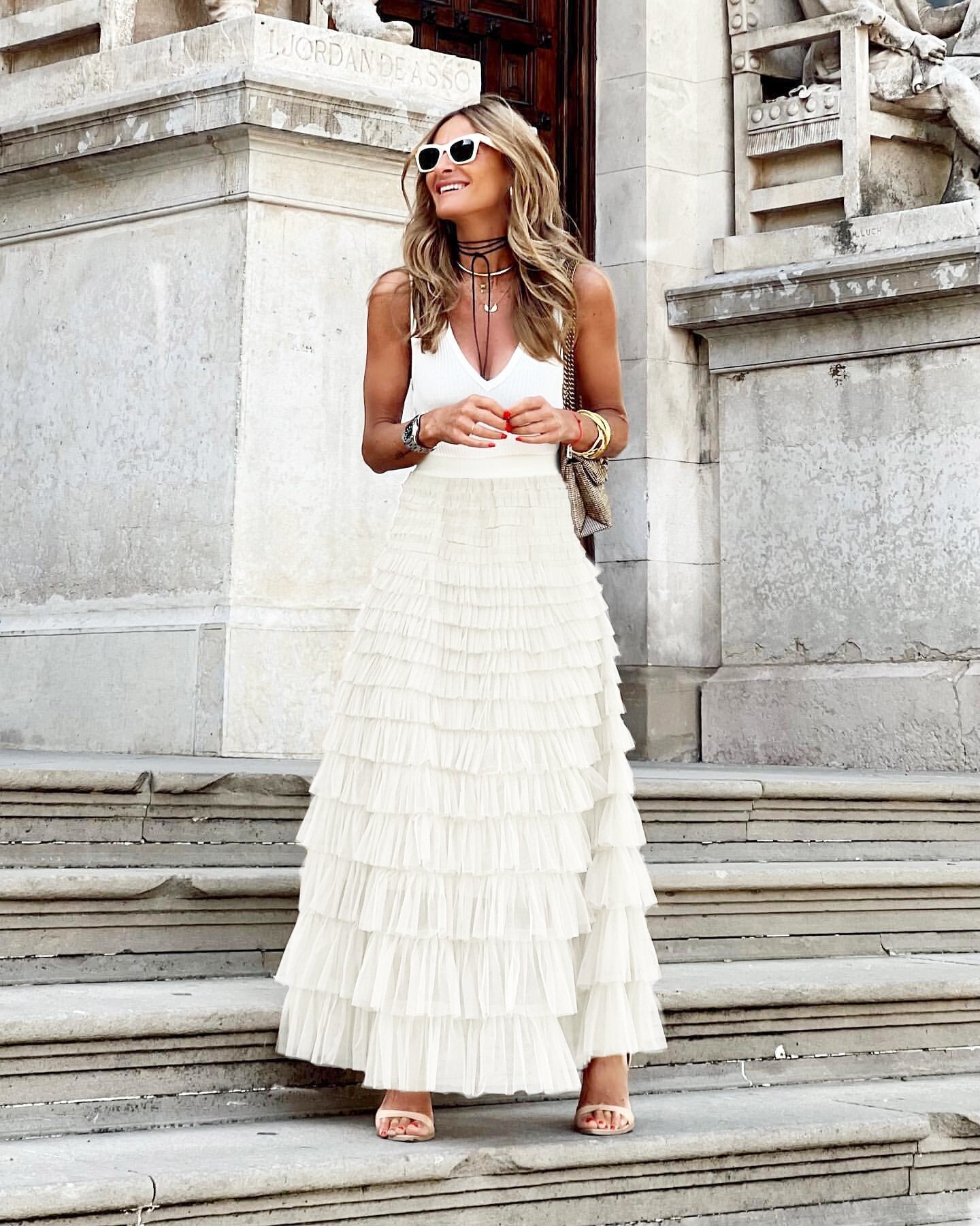 2024 New Summer Long Skirt Layered Ruffles Design Elegant Maxi Dress Office Women Commuting Party Attire Autumn Elegant Skirt Short white