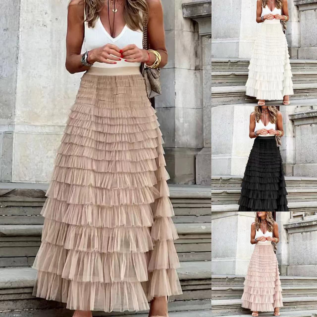 2024 New Summer Long Skirt Layered Ruffles Design Elegant Maxi Dress Office Women Commuting Party Attire Autumn Elegant Skirt