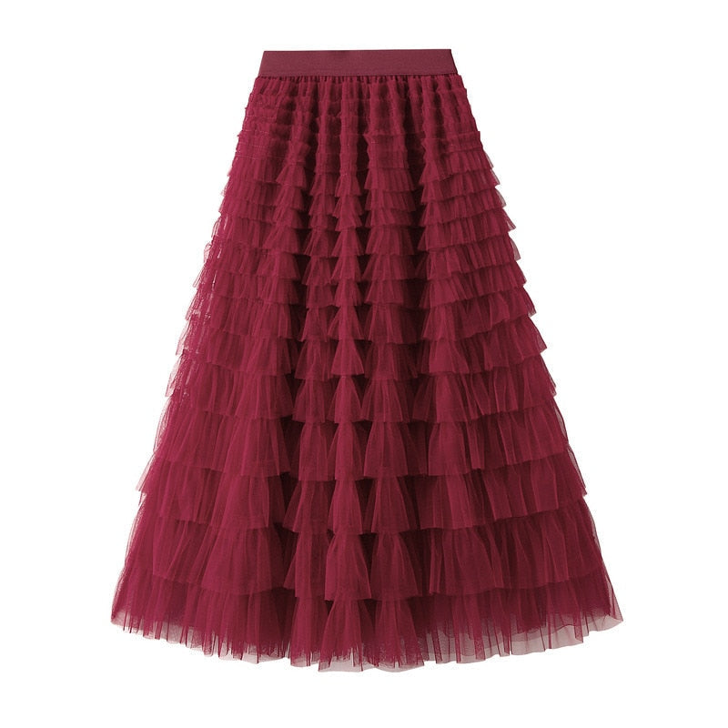 2024 New Summer Long Skirt Layered Ruffles Design Elegant Maxi Dress Office Women Commuting Party Attire Autumn Elegant Skirt Long wine red