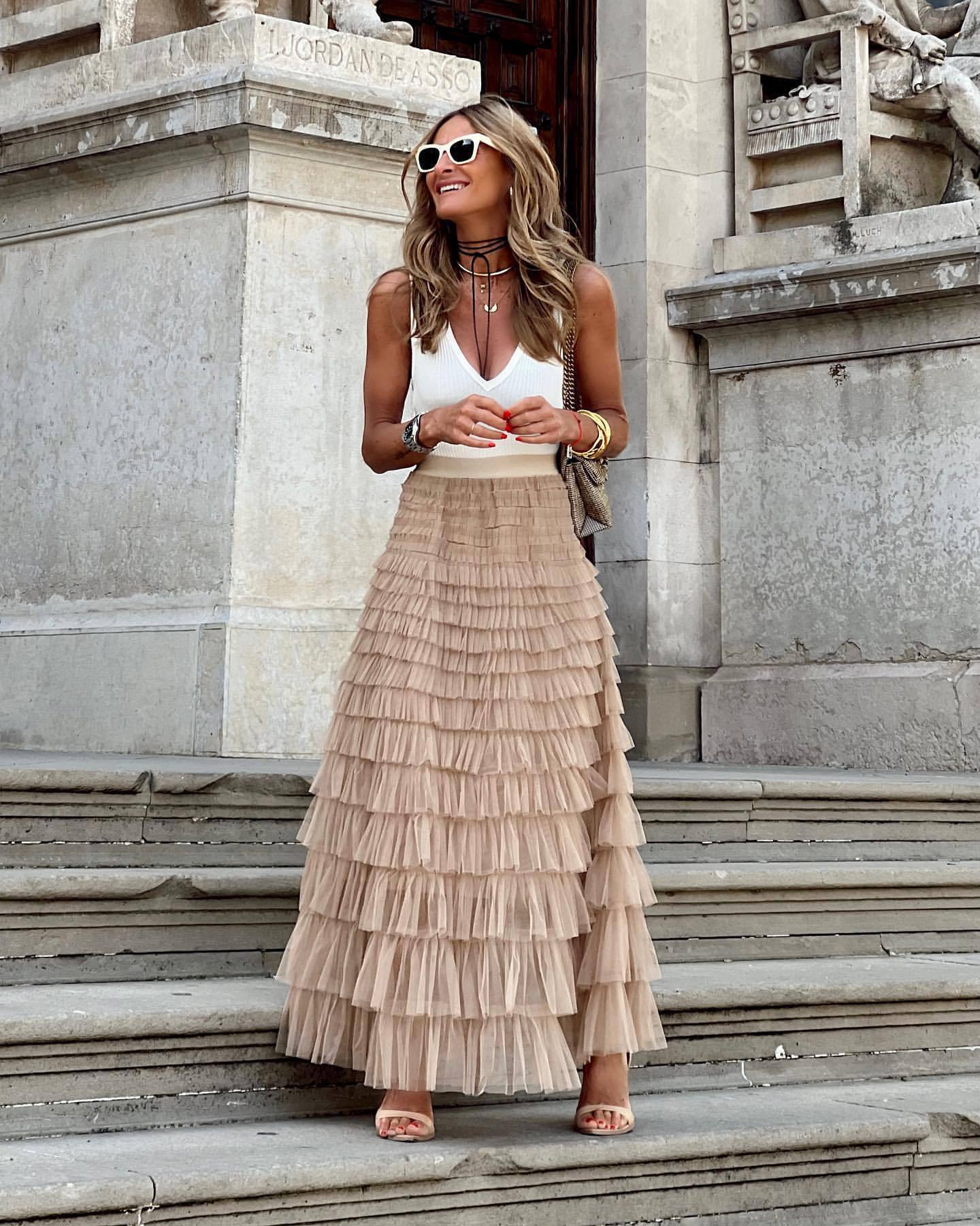 2024 New Summer Long Skirt Layered Ruffles Design Elegant Maxi Dress Office Women Commuting Party Attire Autumn Elegant Skirt Short khaki
