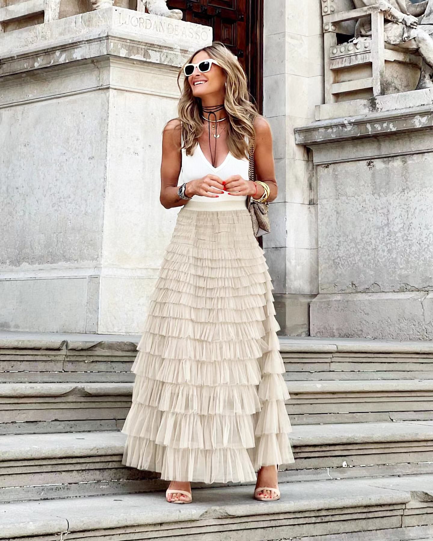 2024 New Summer Long Skirt Layered Ruffles Design Elegant Maxi Dress Office Women Commuting Party Attire Autumn Elegant Skirt Short Off-white