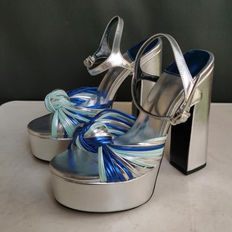 2024 New Summer Sexy Women's Sandals Mixed Color Tie a Knot Thick High Heel Platform Silver Roman Shoes Big Size Zapatos Mujer Silver