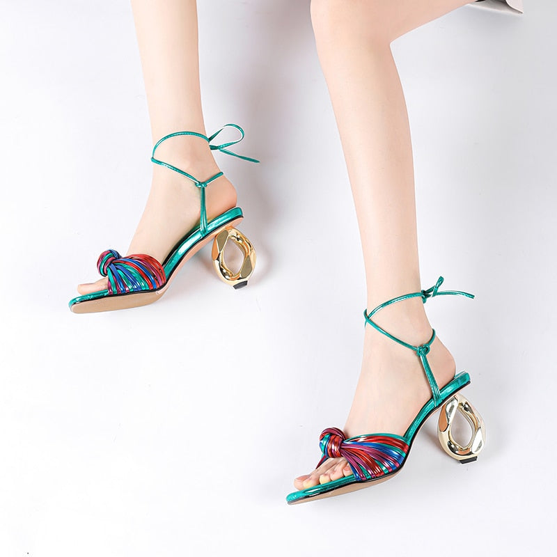 2024 New Summer Sexy Women's Sandals Mixed Color Tie a Knot Thick High Heel Platform Silver Roman Shoes Big Size Zapatos Mujer
